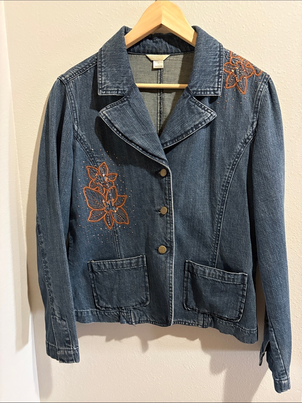 Christopher & Banks Blue Denim Jacket with Brown Floral Stitching and Sequence